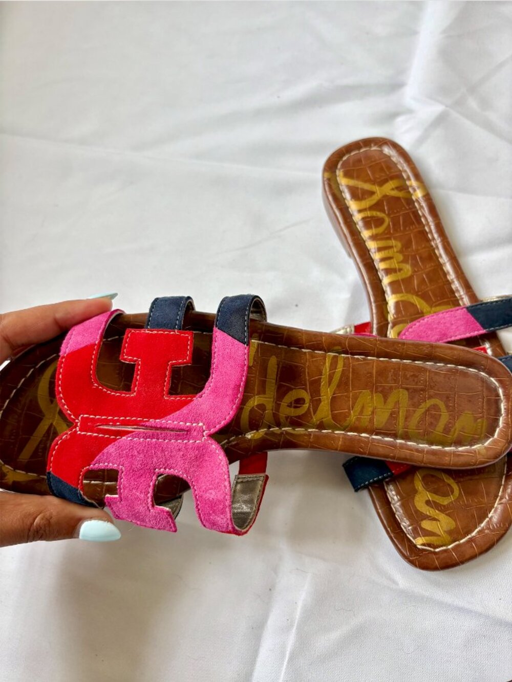 Sam Edelman Women's Bay Slide Sandals in Pink, Red & Navy Suede | Size 7.5 - Picture 2 of 5